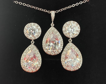 Teardrop Cubic Zirconia Bridal Jewelry Set, Rhodium Finish