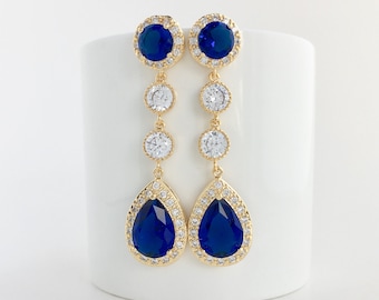Long Blue Bridal Earrings Halo Blue Gold Zirconia Earrings Blue Crystal Earrings Blue Gold Wedding Earrings Blue Gold Bridesmaid Jewelry