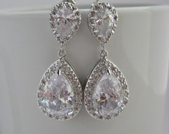 Bridal Cubic Zirconia Earrings Wedding Crystal Silver Jewelry Wedding Teardrop Rhodium Earrings