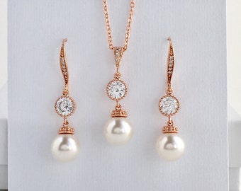 Perla de oro rosa Joyería nupcial Oro rosa Boda Zirconia cúbica Crystal Set Oro rosa Conjunto de perlas austriacas Oro rosa Dama de honor Perla Joyería