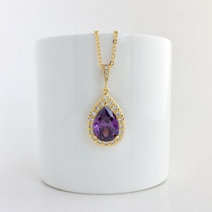 Purple Crystal Necklace Amethyst Cubic Zirconia Gold Necklace Purple Bridal Necklace Purple Bridesmaid Gold Jewelry Amethyst Gold Necklace