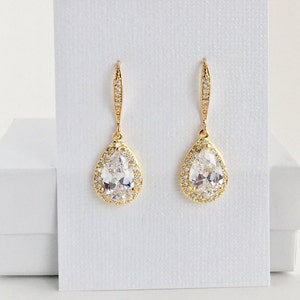 Gold Zirkonia Gold Braut Kristallohrringe Gold Schmuck Hochzeit tropfenförmige Goldohrringe Brautjungfer Gold Hochzeit Ohrringe