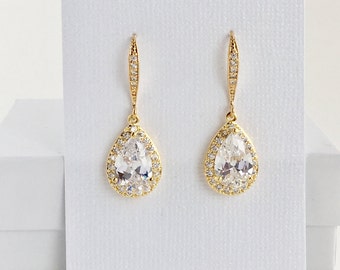 Gold Cubic Zirconia Earrings Gold Bridal Crystal Earrings Wedding Gold Jewelry Wedding Teardrop Gold Earrings Bridesmaid Gold Drop Earrings