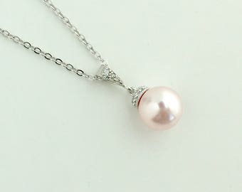 Pink Pearl Necklace Blush Pink Bridal Pearl Necklace Rose Pink Cubic Zirconia Necklace Pink Austrian Pearl Bridesmaid Jewelry Blush Pink