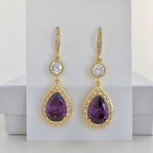 Purple Bridal Gold Earrings Purple Gold Crystal Earrings Purple Wedding Gold Earrings Amethyst Gold Earrings Purple Bridesmaid Gold Jewelry