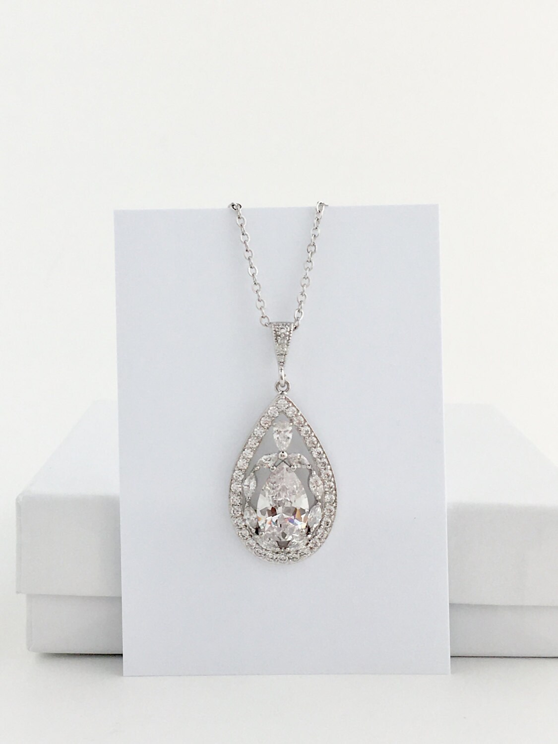 Cubic Zirconia Necklace Teardrop Bridal Necklace Wedding Etsy