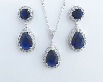 Conjunto de joyas nupciales azules conjunto de cristal de boda azul joyería nupcial azul zafiro joyería de lágrima de zafiro conjunto de joyas de dama de honor azul zafiro