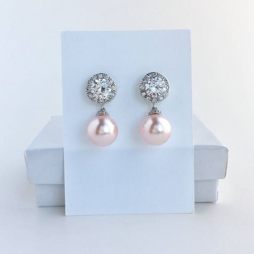 Pink Bridal Earrings Blush Wedding Earrings Pink Crystal Etsy