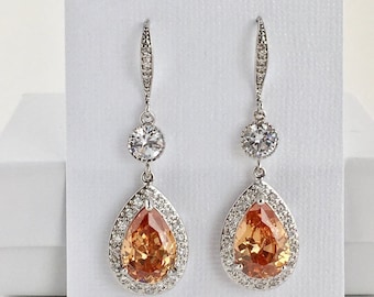 Morganite pendientes nupciales melocotón cristal pendientes champán úcbico Zirconia pendientes melocotón cristal joyería boda dama de honor dama de honor joyería
