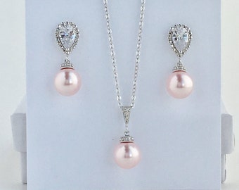 Rose Bridal Pearl Set Blush Pink Crystal Bridal Set Pink Wedding Cubic Zirconia Pearl Set Pink Bridesmaid Austrian Crystal Pearl Jewelry Set