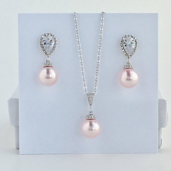 Rose Bridal Pearl Set Blush Pink Crystal Bridal Set Pink Wedding Cubic Zirconia Pearl Set Pink Bridesmaid Austrian Crystal Pearl Jewelry Set