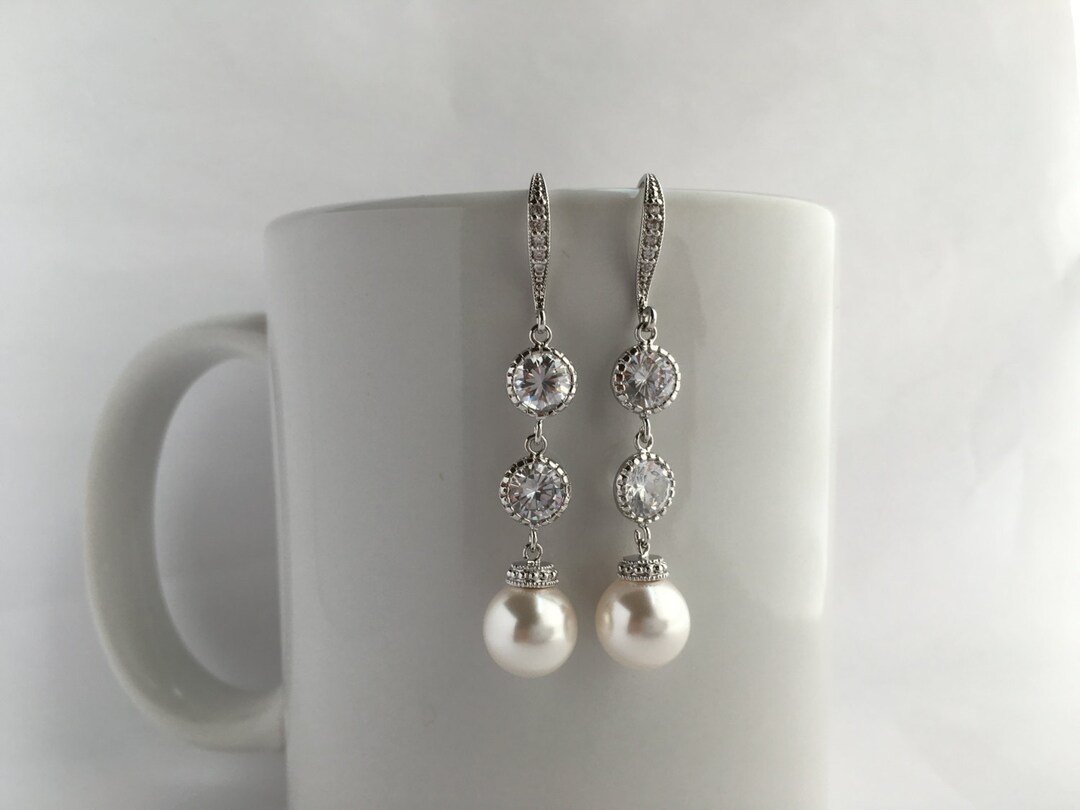 Long Pearl Earrings Crystal Bridal Drop Earrings Wedding Cubic Zirconia
