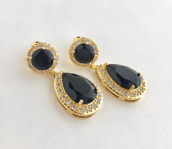Black Crystal Earrings Black Gold Cubic Zirconia Jewelry Black