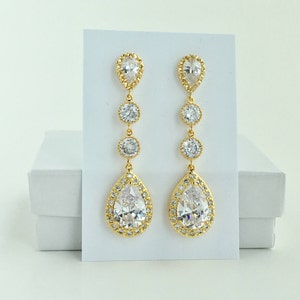 Long Gold Bridal Earrings Long Gold Cubic Zirconia Earrings Long Gold Crystal Earrings Gold Wedding Long Earrings Gold Bridesmaid Jewelry