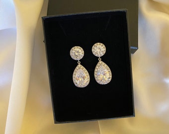 Crystal Bridal Earrings Wedding Cubic Zirconia Earrings Crystal Teardrop Rhodium Earrings Crystal Halo Earrings Crystal Bridasmaid Jewelry