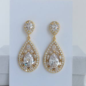 Gold Cubic Zirconia Earrings Gold Teardrop Bridal Earrings Gold Wedding Earrings Gold Bridal Earrings Gold Bridesmaid Jewelry Gold Jewelry