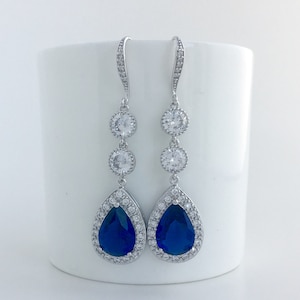 Blue Sapphire Cubic Zirconia Long Bridal Earrings Wedding Crystal Earrings Wedding Teardrop Long Dangle Earrings Sapphire Bridal Earrings