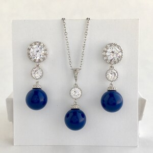 Lapis Pearl Bridal Set Blue Crystal Bridal Set Blue Bridesmaid Austrian Pearl Jewelry Blue Pearl Crystal Set Halo Blue Wedding Pearl Set