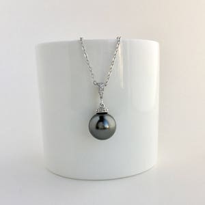 Dark Grey Pearl Necklace: Austrian Crystal Pearl, Rhodium Plated