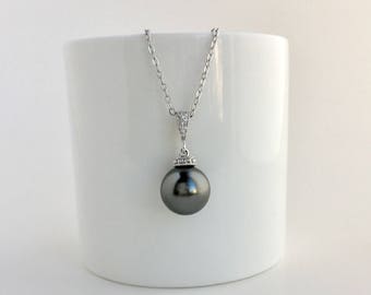 Dark Grey Pearl Necklace: Austrian Crystal Pearl, Rhodium Plated