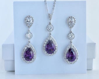 Amethyst Crystal Jewelry Set Purple Bridal Jewelry Set Purple Cubic Zirconia Wedding Jewelry Set Purple Amethyst Bridesmaid Crystal Jewelry