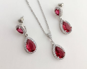 Red Ruby Jewelry Set Ruby Red Wedding Cubic Zirconia Set Red Ruby Bridal Jewelry Set Red Bridesmaid Jewelry Set Ruby Red Crystal Jewelry Set