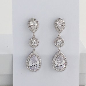 Cubic Zirconia Bridal Earrings Crystal Bridal Earrings Rhodium Teardrop Earrings Bridesmaid Crystal Jewelry Crystal Bridal Halo Earrings