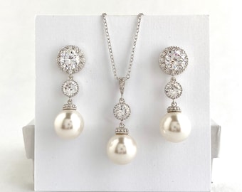 Pearl Bridal Jewelry Wedding Crystal Bridal Set Cubic Zirconia Pearl Set Bridesmaid Crystal Jewelry Set Austrian Crystal Pearl Jewelry Set