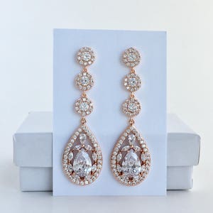 Long Rose Gold Crystal Earrings Rose Gold Bridal Earrings Rose Gold Wedding Earrings Rose Gold Bridal Jewelry Rose Gold Bridesmaid Jewelry