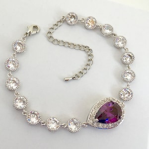 Amethyst Braut Cubic Zirconia Teardrop Armband Hochzeit lila Kristall Armband Rhodium lila Amethyst Hochzeit Schmuck