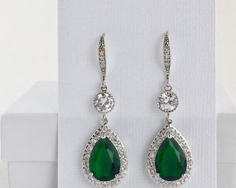 Green Bridal Earrings Green Crystal Earrings Emerald Cubic Zirconia Earrings Green Crystal Wedding Jewelry Green Bridesmaid Jewelry Emerald