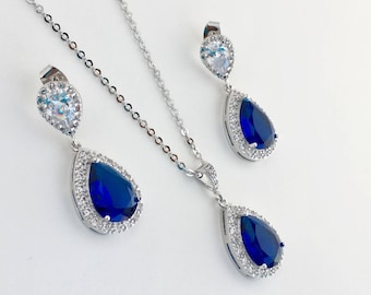 Joyería nupcial azul zafiro Conjunto de joyas de boda azul zafiro Conjunto de joyas de dama de honor azul Joyería de cristal de zafiro
