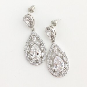 Bridal Cubic Zirconia Earrings Wedding Teardrop Earrings Wedding Crystal Earrings Rhodium Crystal Dangle Earrings Bridesmaid Crystal Jewelry image 3