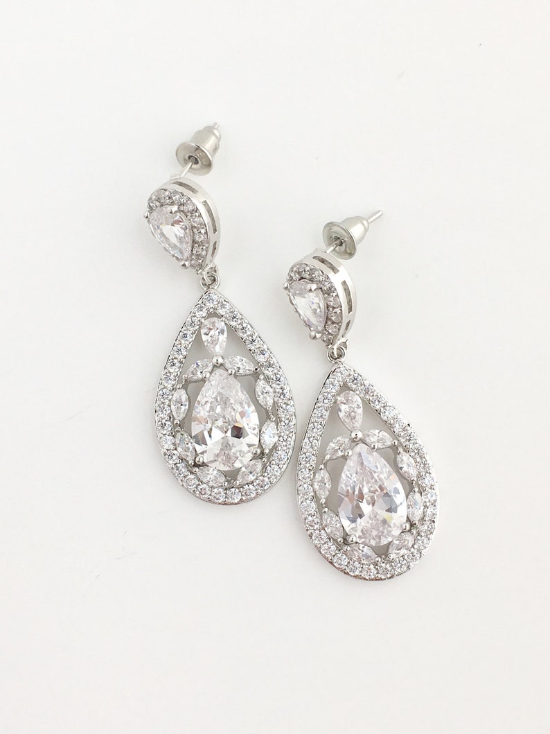 Bridal Cubic Zirconia Earrings Wedding Teardrop Earrings Wedding Crystal Earrings Rhodium Crystal Dangle Earrings Bridesmaid Crystal Jewelry image 3