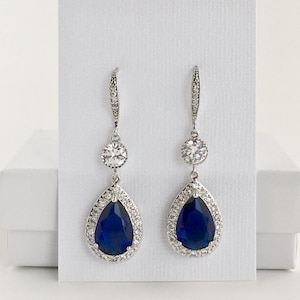 Sapphire Blue Bridal Earrings Blue Wedding Cubic Zirconia Earrings Blue Crystal Earrings Blue Teardrop Earrings Blue Bridesmaid Jewelry