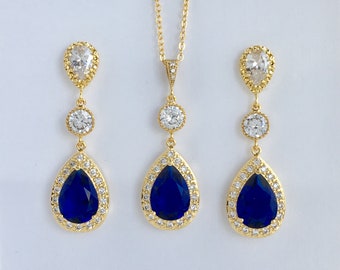 Blue Crystal Gold Set Blue Gold Cubic Zirconia Set Blue Wedding Gold Set Blue Bridesmaid Gold Jewelry Set Sapphire Gold Bridal Jewelry Set