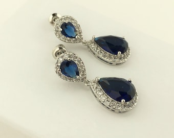 Sapphire Blue Cubic Zirconia Bridal Earrings Blue Wedding Jewelry Blue Crystal Earrings Sapphire Crystal Earrings Blue Bridesmaid Jewelry