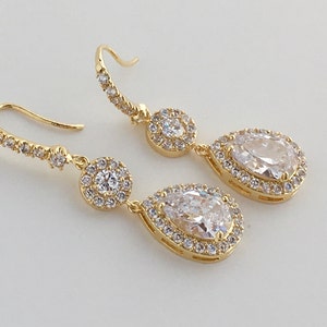 Gold Cubic Zirconia Earrings Gold Bridal Earrings Wedding Gold Jewelry Teardrop Halo Earrings Bridesmaids Gold Jewelry Gold Crystal Jewelry