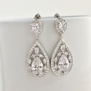 Bridal Cubic Zirconia Earrings Wedding Teardrop Earrings Wedding Crystal Earrings Rhodium Crystal Dangle Earrings Bridesmaid Crystal Jewelry image 4