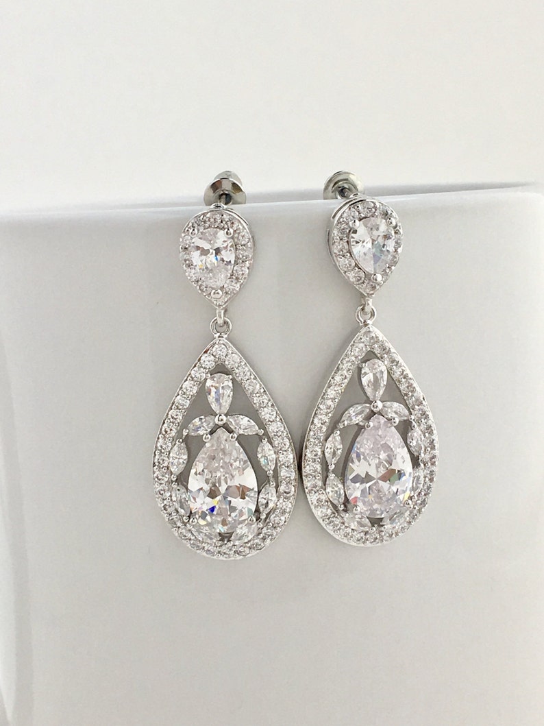 Bridal Cubic Zirconia Earrings Wedding Teardrop Earrings Wedding Crystal Earrings Rhodium Crystal Dangle Earrings Bridesmaid Crystal Jewelry image 4