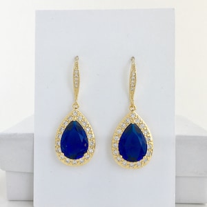 Blue Bridal Gold Earrings Blue Gold Cubic Zirconia Earrings Blue Crystal Gold Earrings Blue Bridesmaid Gold Jewelry Sapphire Wedding Jewelry
