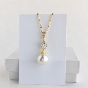 Gold Large Pearl Bridal Necklace Gold Pearl Cubic Zirconia Necklace Jewelry Gold Austrian Pearl Necklace Gold Pearl Bridesmaid Jewelry