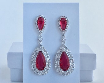 Red Crystal Earrings Red Ruby Cubic Zirconia Earrings Ruby Red Teardrop Earrings Bridal Large Red Crystal Earrings Red Bridesmaid Jewelry