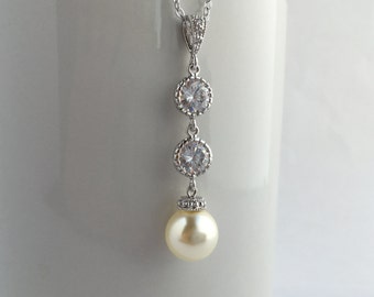 Long Cream Pearl Necklace Crystal Bridal Necklace Pearl Wedding Cubic Zirconia Jewelry Rhodium Pearl Pendant Austrian Crystal Pearl Jewelry