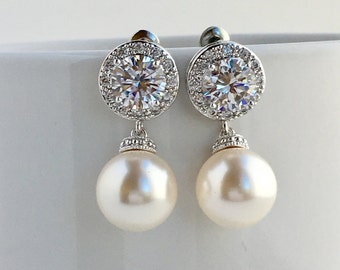 Pearl Bridal Earrings Crystal Bridal Halo Earrings Wedding Cubic Zirconia Jewelry Pearl Crystal Earrings Bridal Austrian Pearl Earrings