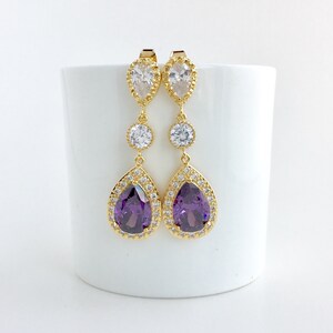 Purple Crystal Gold Earrings Purple Bridal Gold Earrings Amethyst Gold Zirconia Earrings Purple Bridesmaid Gold Jewelry Amethyst Earrings