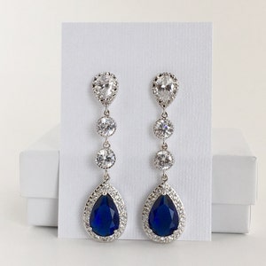 Blauer Saphir Brautohrringe Blauer Zirkonia Ohrringe Hochzeit Kristallohrringe Hochzeit Lange Ohrringe Sapphire Blau Teardrop Ohrringe