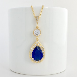 Blue Bridal Gold Necklace Blue Gold Crystal Pendant Blue Gold Crystal Wedding Necklace Blue Bridesmaid Gold Jewelry Sapphire Gold Necklace
