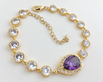 Amethyst Bridal Bracelet, Gold Plated Crystal Jewelry