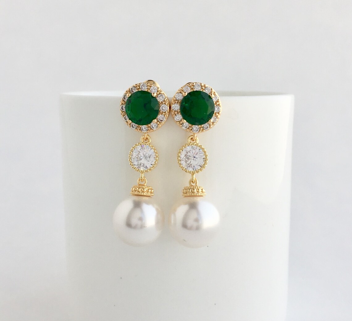 Green Pearl Earrings Gold Green Bridal Earrings Green Wedding Etsy